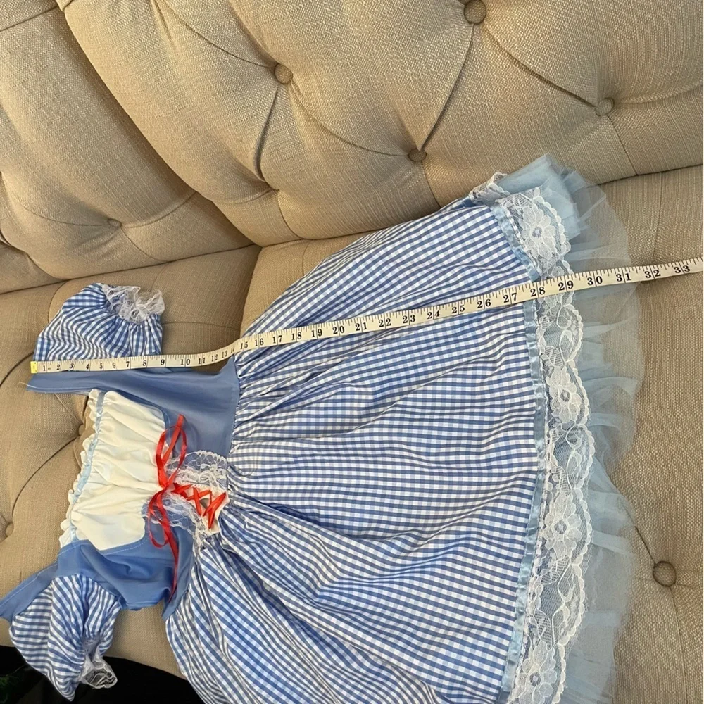 Halloween Cosplay Dress Dorothy Blue Gingham Mini Dress Square Neck Lace Sz S
